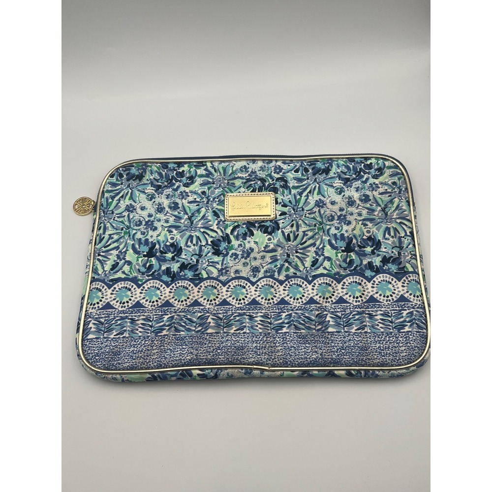 Lilly Pulitzer Blue Green Floral Laptop Sleeve Case Gold Logo Zip 14 Inch